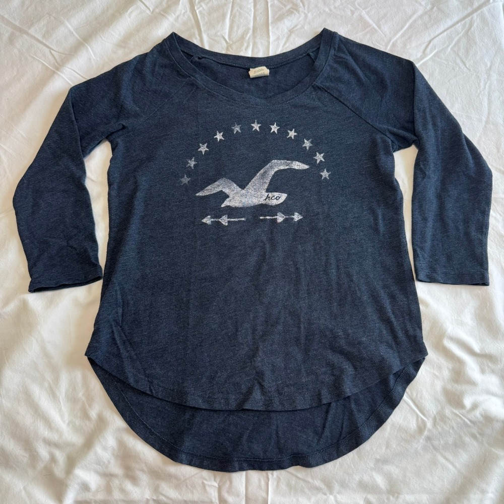 Hollister Womens Navy Blue 3/4 Sleeve Graphic Tee Seagull Logo Y2K Size S - Picture 5 of 9